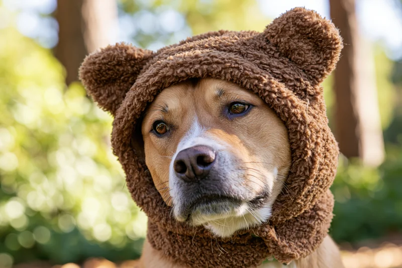 Tan and white mixed-breed dog wearing a fuzzy bear hat outdoors in a forest setting