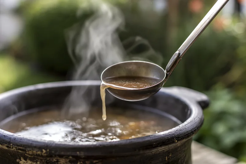 Metal ladle lifting steaming broth from a dark ceramic pot outdoors