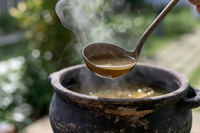 Metal ladle lifting steaming broth from a rustic clay pot outdoors