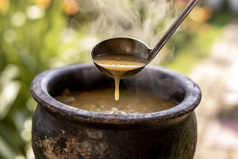 Metal ladle lifting steaming broth from a clay pot outdoors