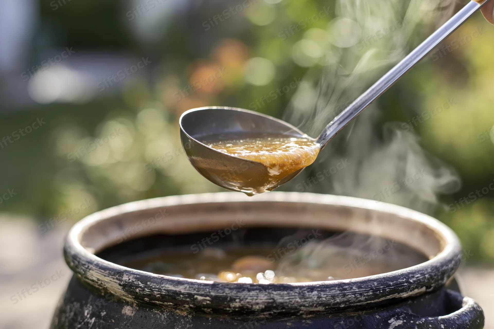 Metal ladle lifting steaming broth above a ceramic cooking pot outdoors