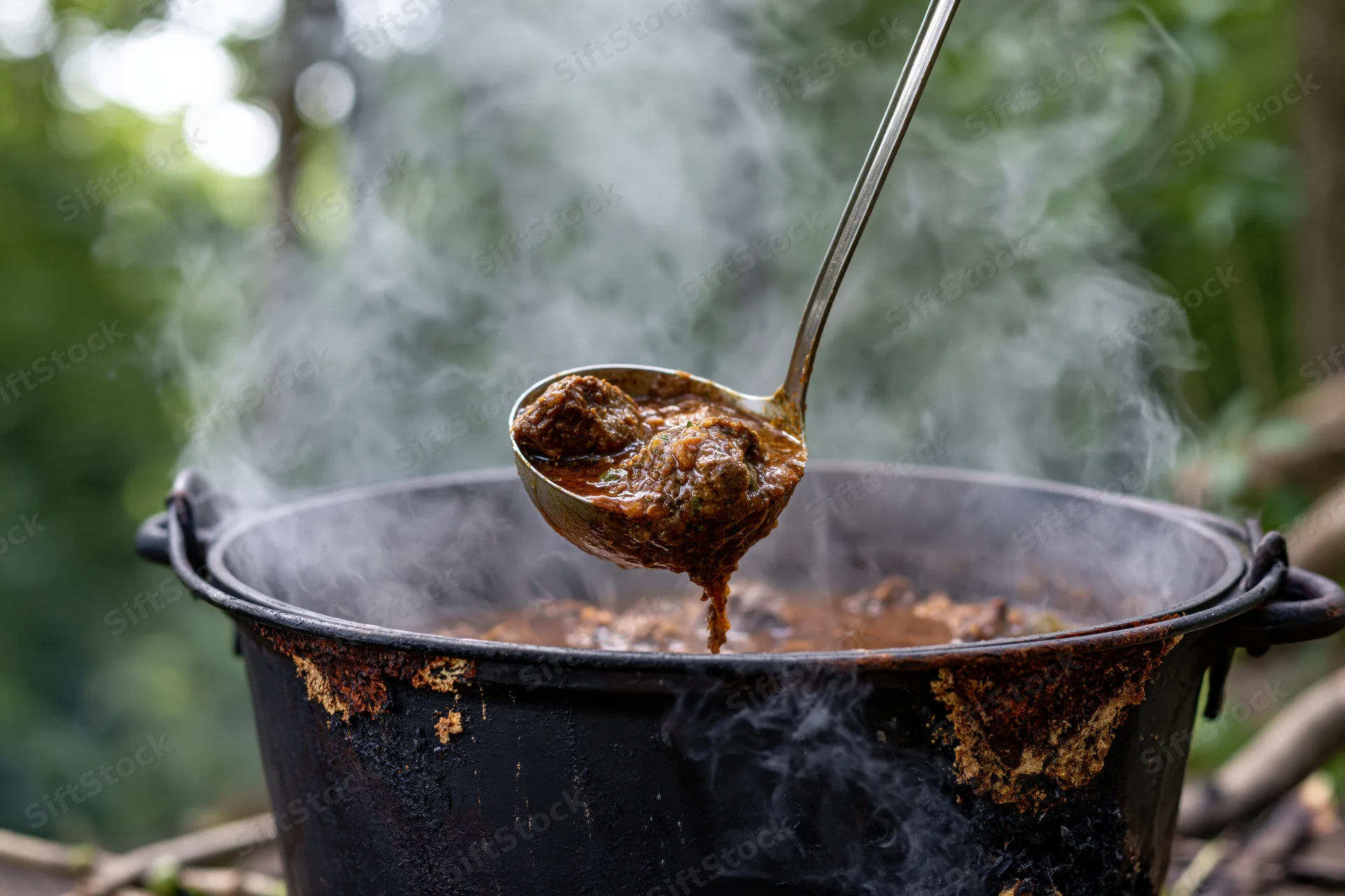 Ladle lifting steaming dark red meat stew from large blackened cooking pot outdoors