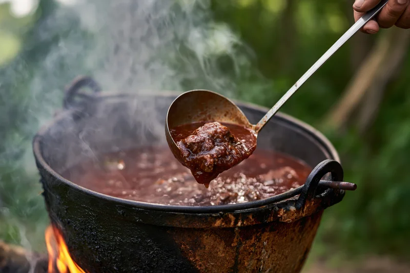 Metal ladle lifting dark red meat stew from large blackened pot over open fire outdoors