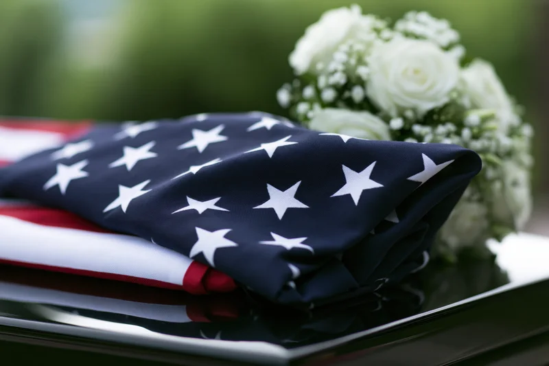 Folded american flag resting on a glossy black casket beside a white rose bouquet