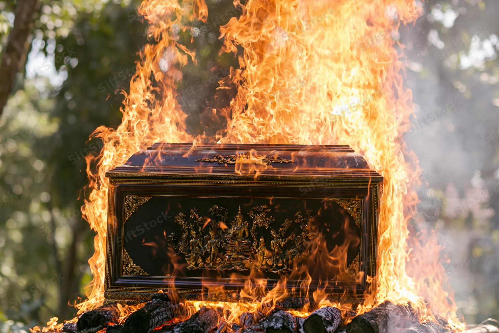 Ornate dark wooden coffin with gold carvings burning on a pyre outdoors among trees