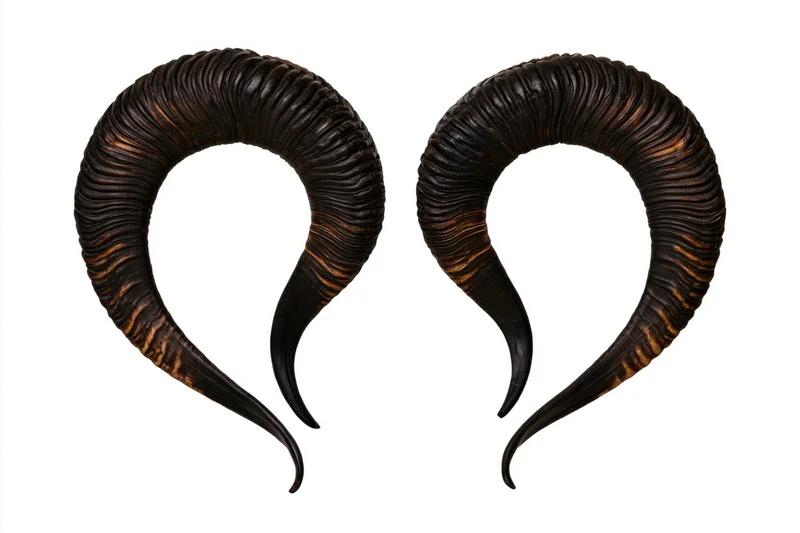 A pair of dark curved ram horns isolated against a plain white background