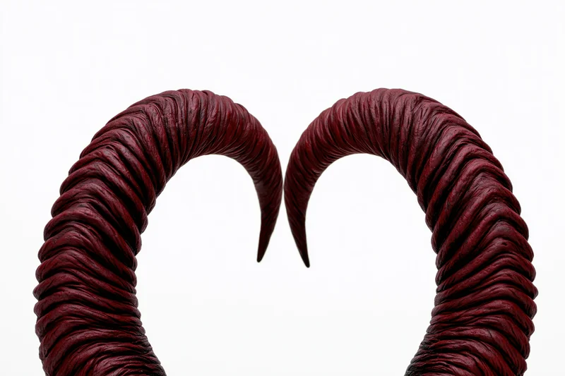 Dark red spiral ridged demon horns isolated on white background