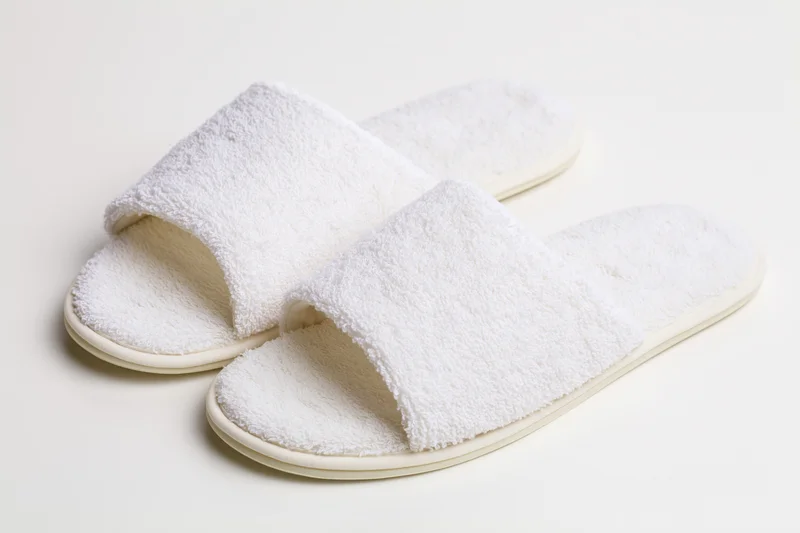 White terry cloth hotel slippers with open toe design on plain surface