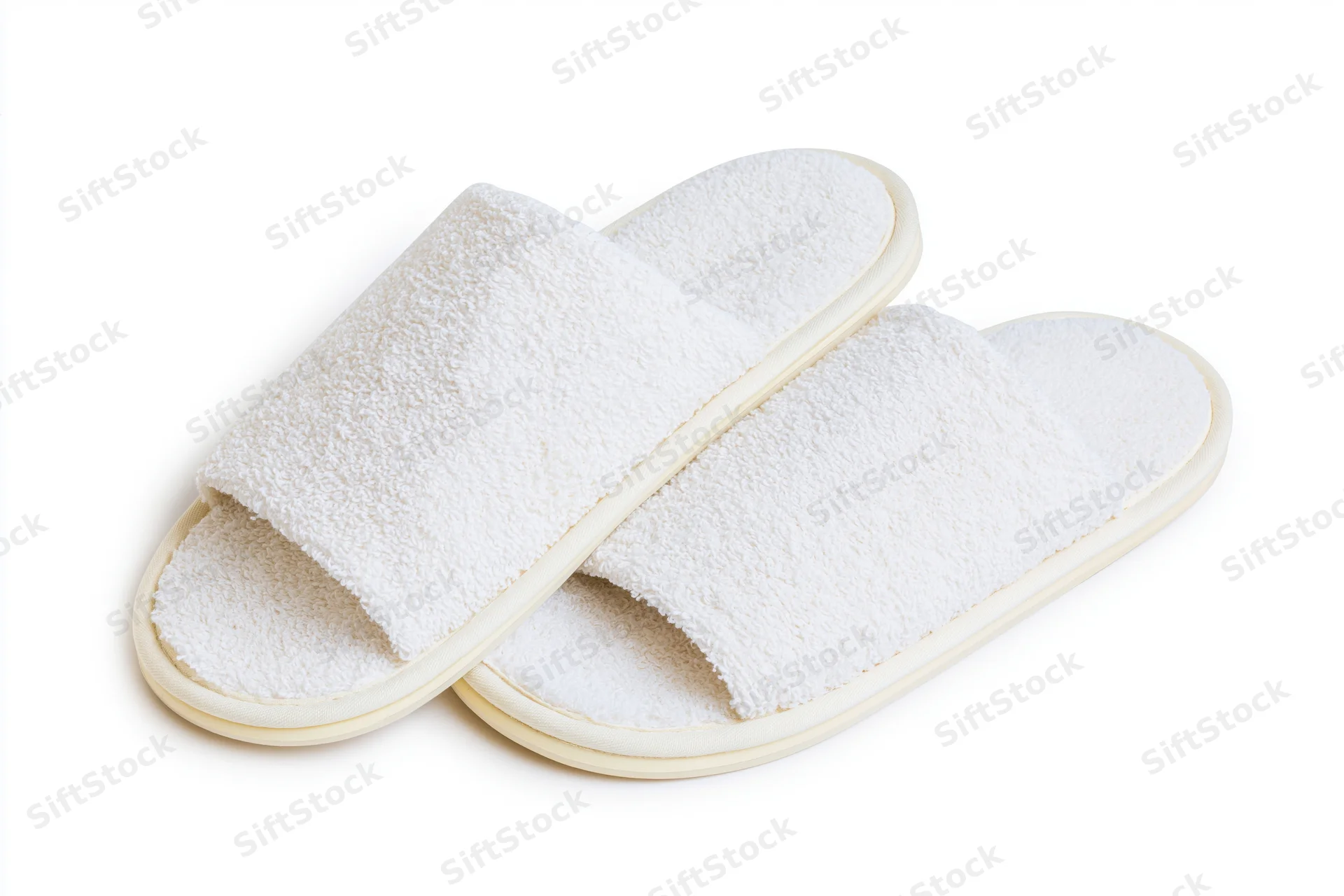 White terry cloth hotel slippers with open toes on a plain white background
