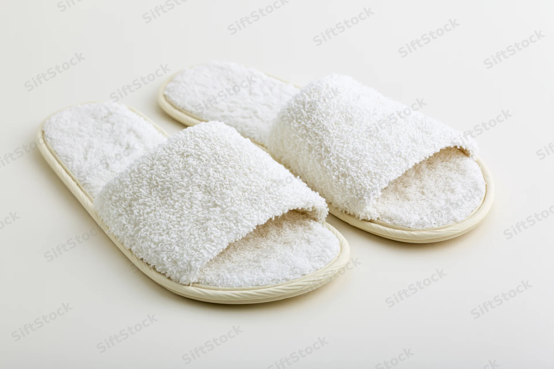 White terry cloth hotel slippers with open toes on a plain surface