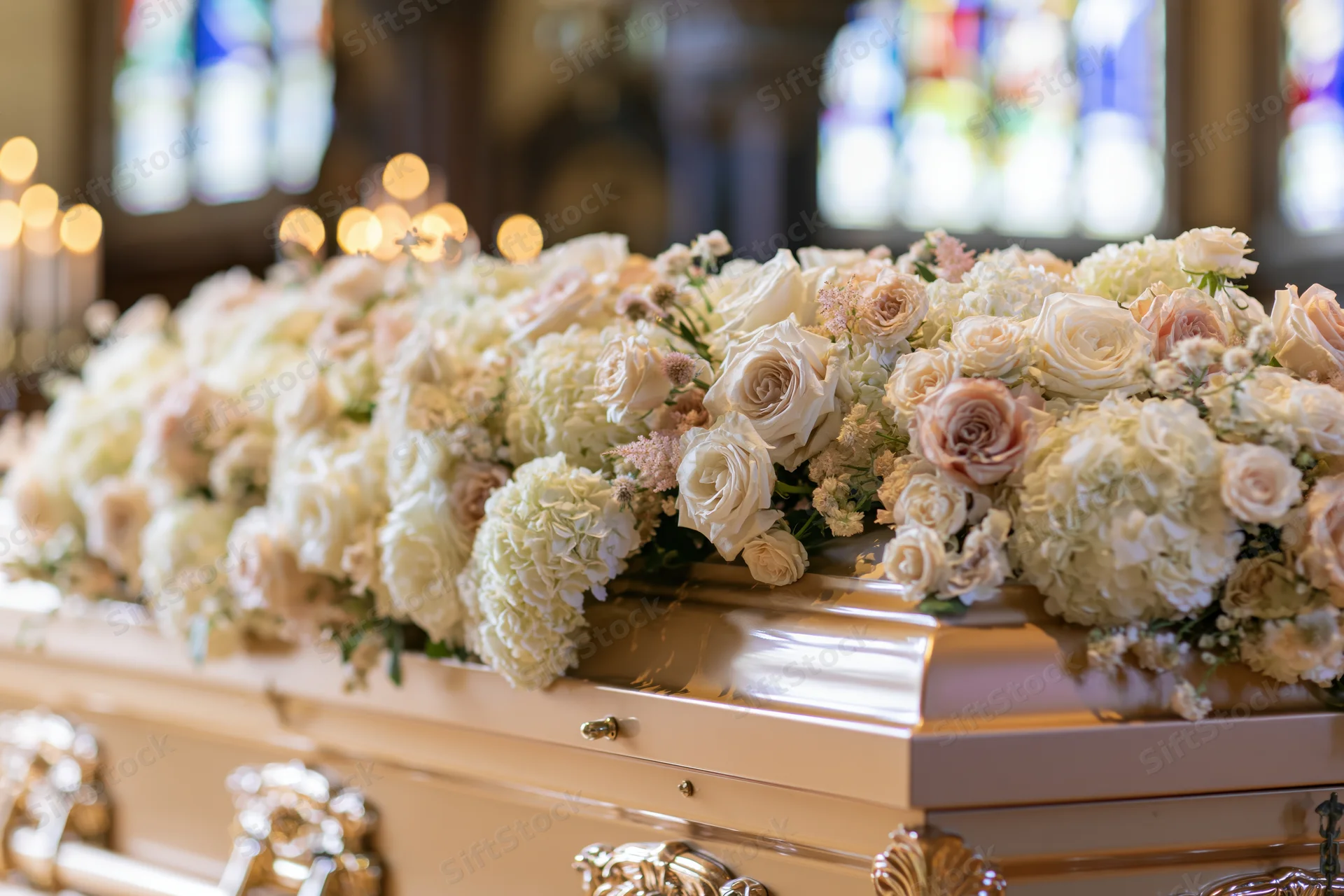 Pale gold casket adorned with white and blush roses and hydrangeas in a church setting