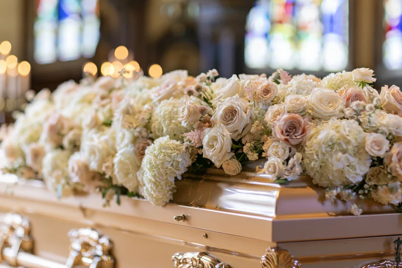Pale gold casket adorned with white and blush roses and hydrangeas in a church setting
