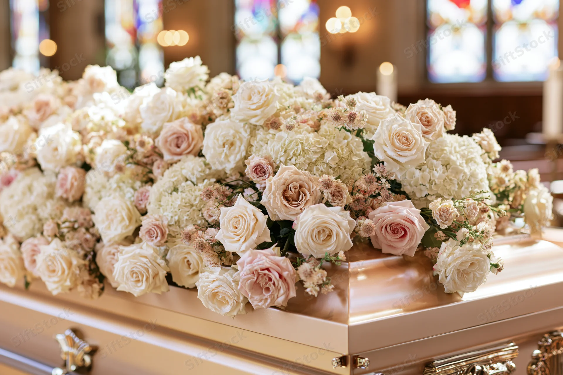 Floral arrangement of white and blush roses on a pale gold casket in a church setting