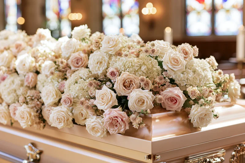 Floral arrangement of white and blush roses on a pale gold casket in a church setting