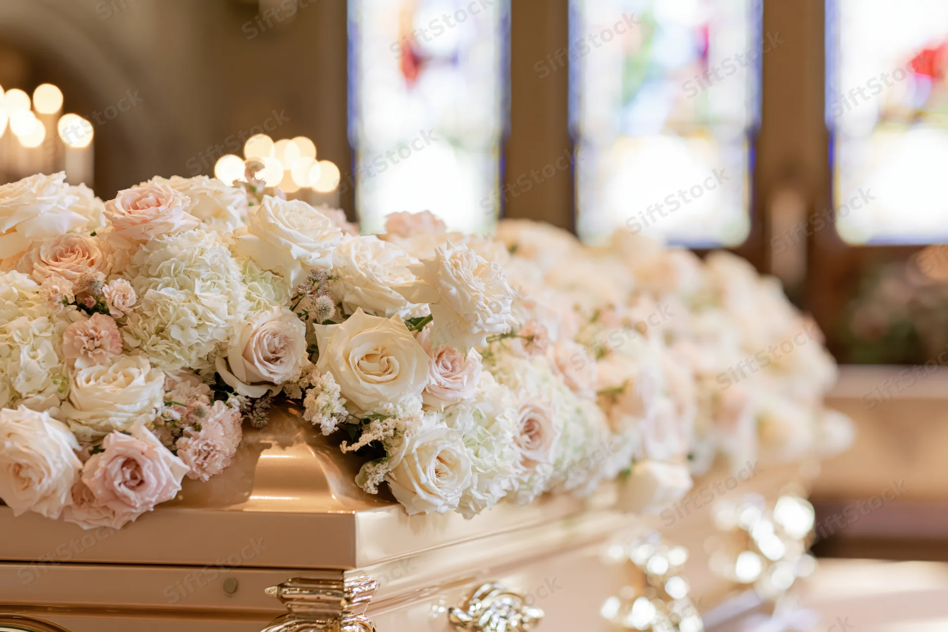 Floral arrangement of white and blush roses on a pale gold casket in a church setting