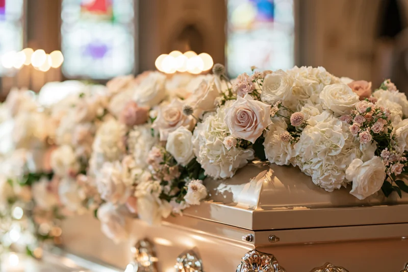 Pale gold casket adorned with white and blush floral arrangement in church interior