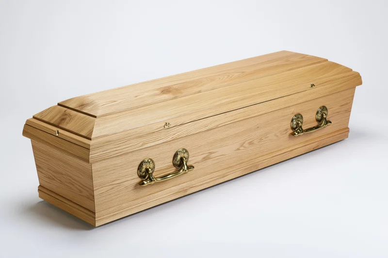 Wooden coffin with brass handles on a white background