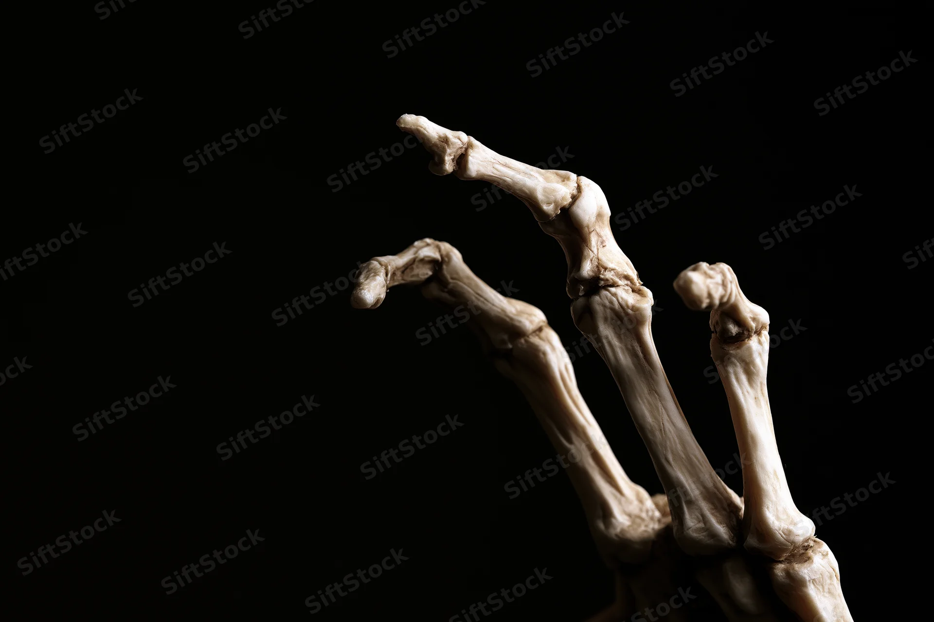 Skeletal hand with clawed fingers extended against black background
