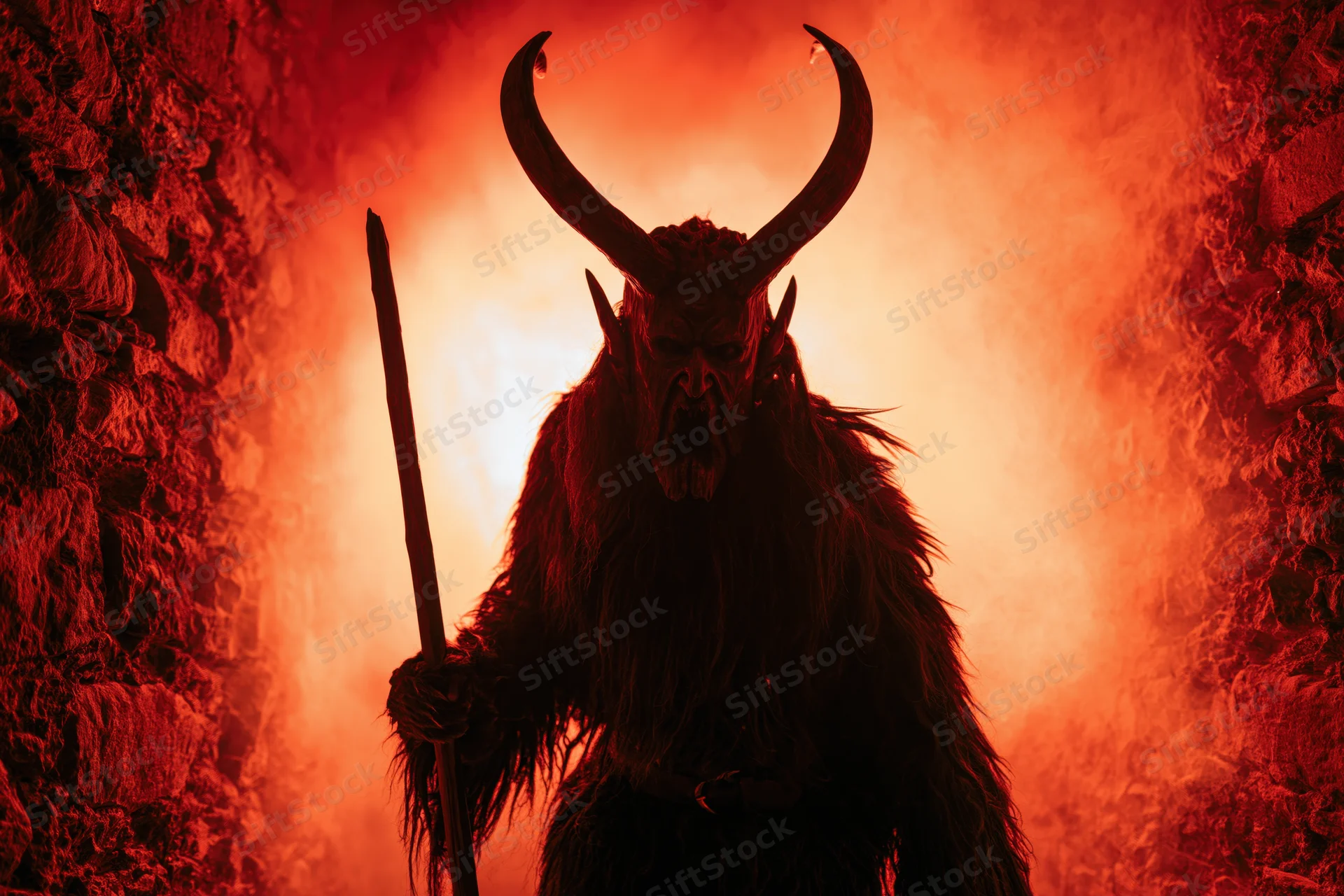Krampus performer in furry costume with horns and staff standing in stone corridor illuminated by red firelight and smoke