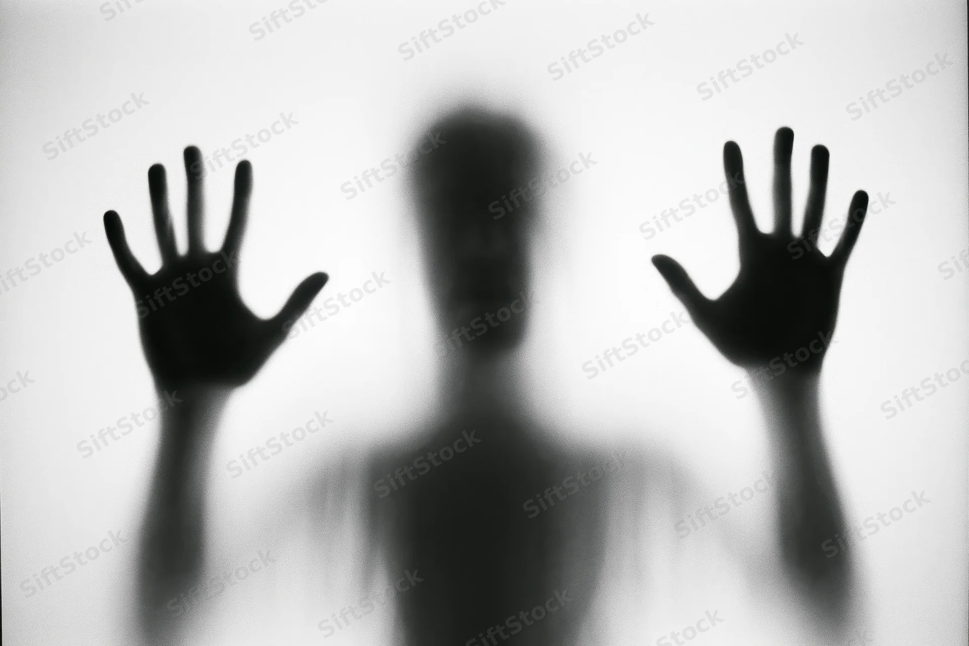 Silhouette of a person pressing hands and face against frosted glass