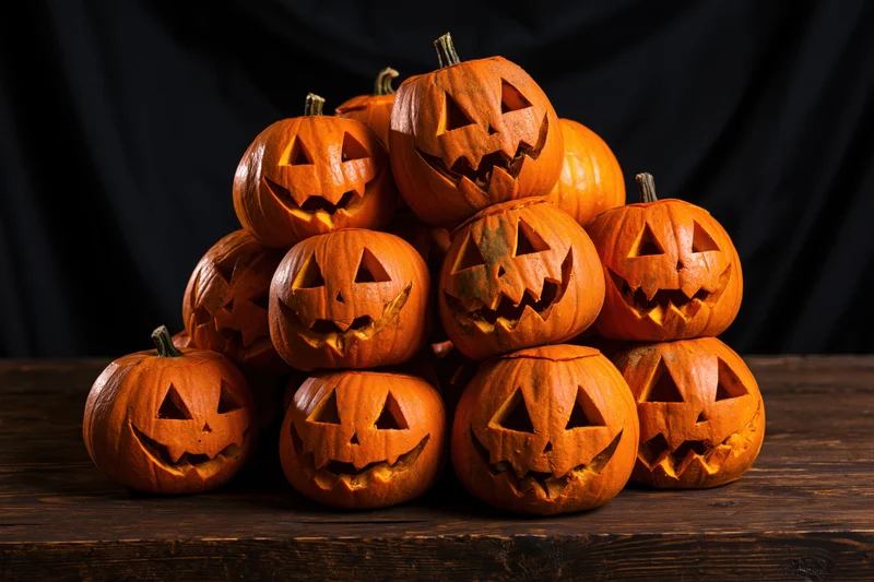 Pile of carved jack-o-lantern pumpkins stacked on a wooden table against a black background