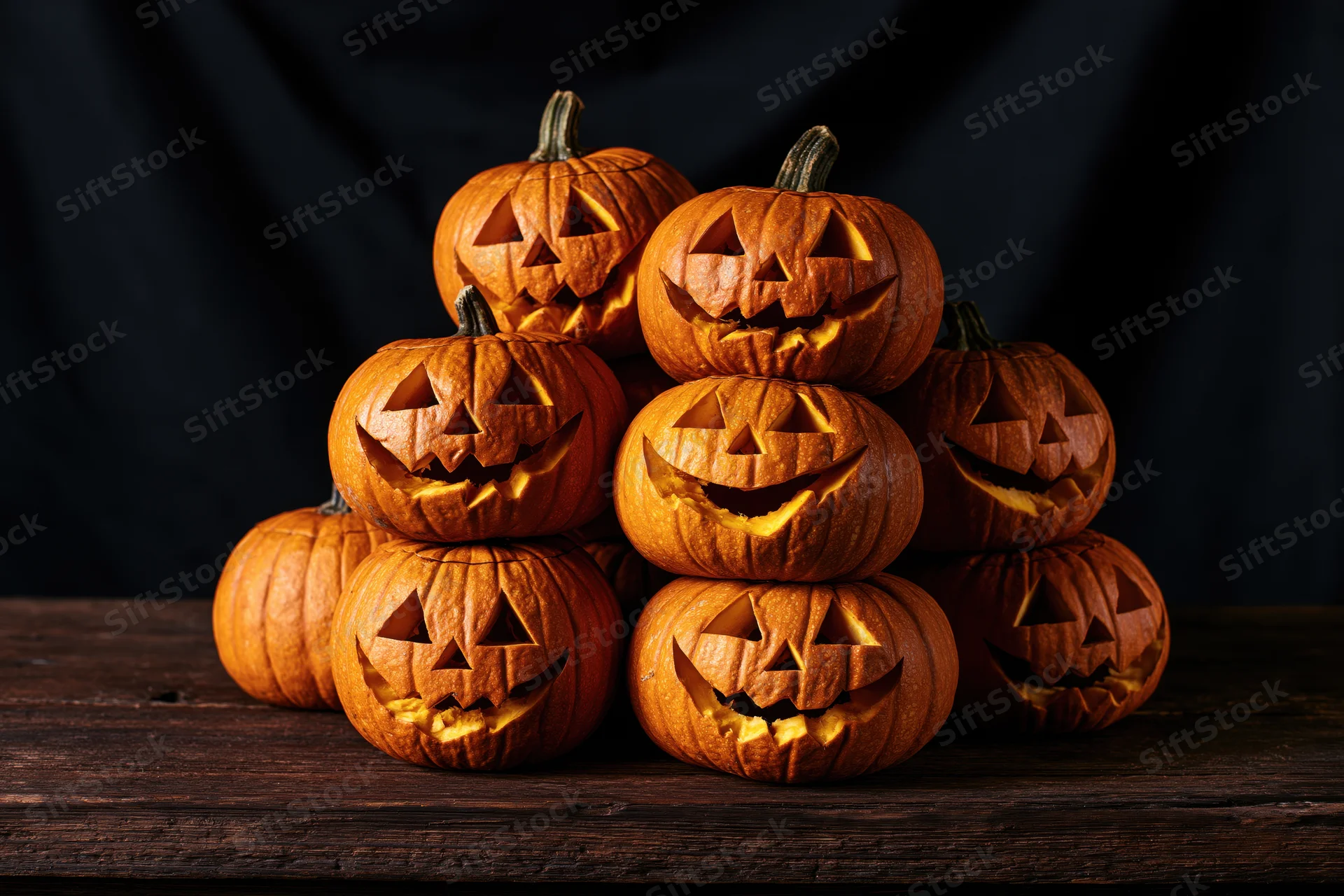 Stacked carved jack-o-lantern pumpkins on a wooden table against a dark background