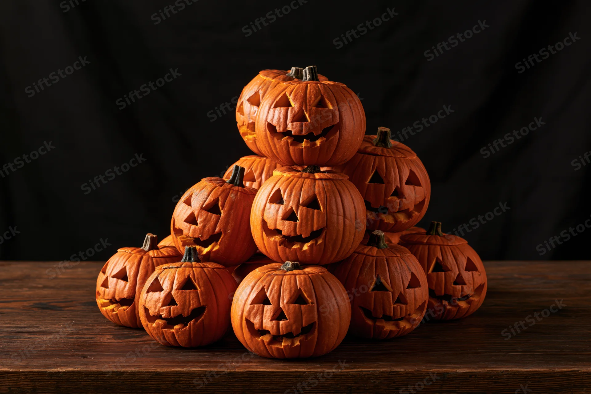 Stacked jack-o-lantern pumpkins arranged on a wooden table against a dark background