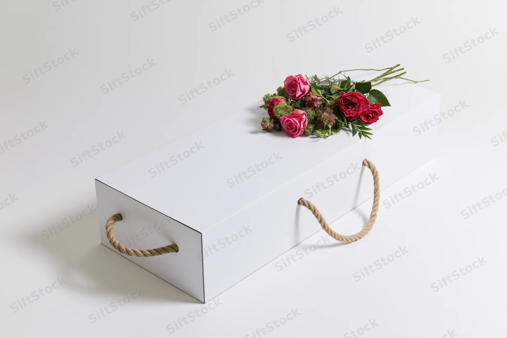 White coffin with rope handles and red pink roses on top, isolated on white background