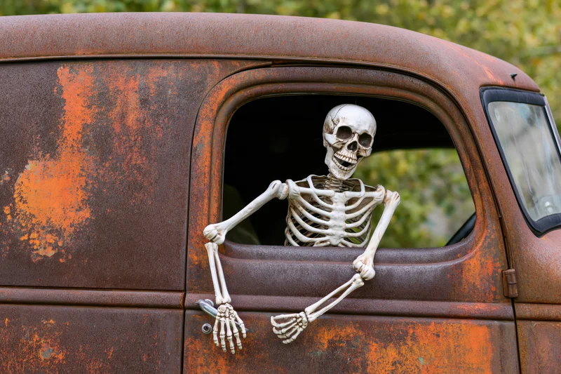 Plastic skeleton leaning out of open window in rusted vintage truck