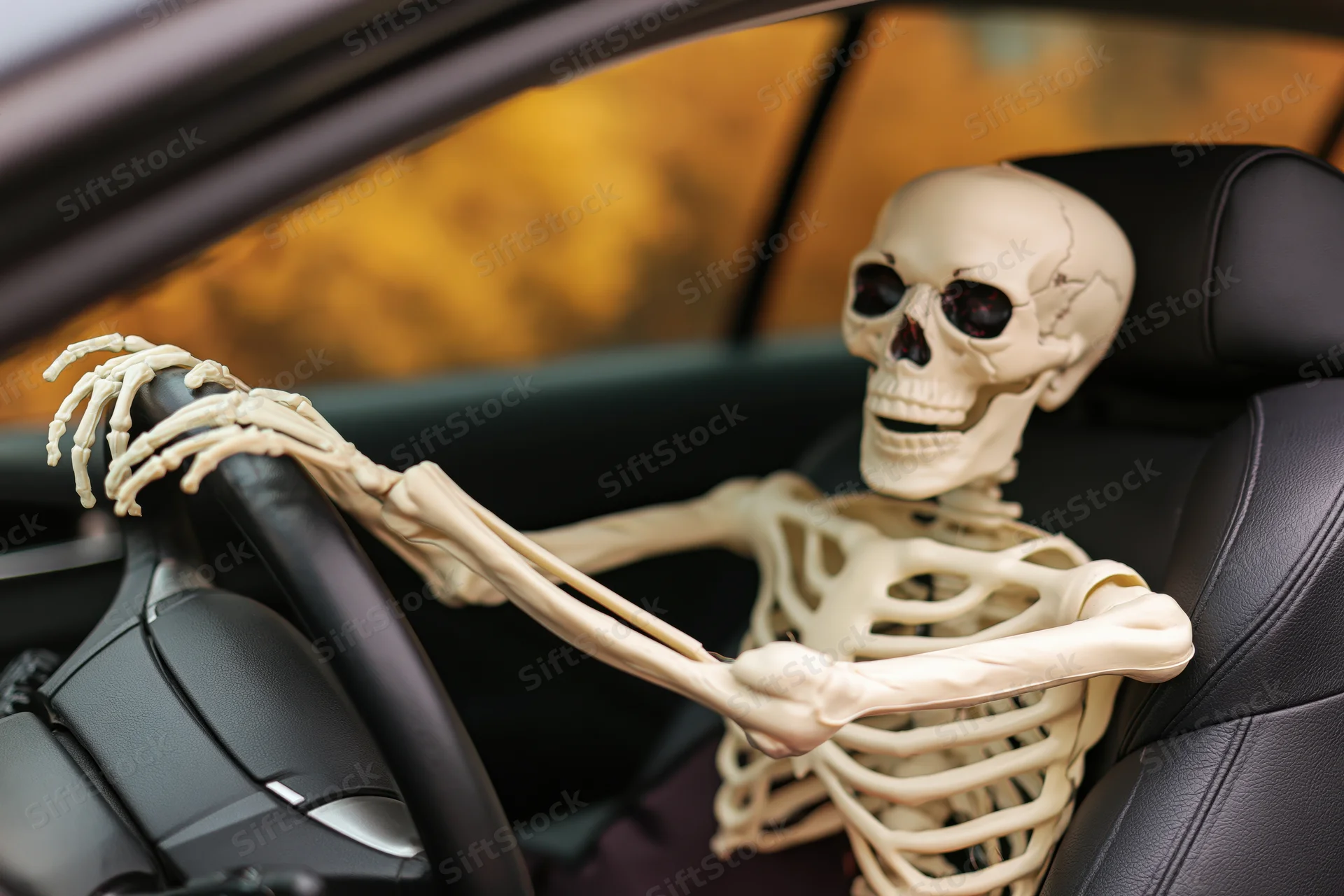 Plastic skeleton prop gripping steering wheel in car driver’s seat