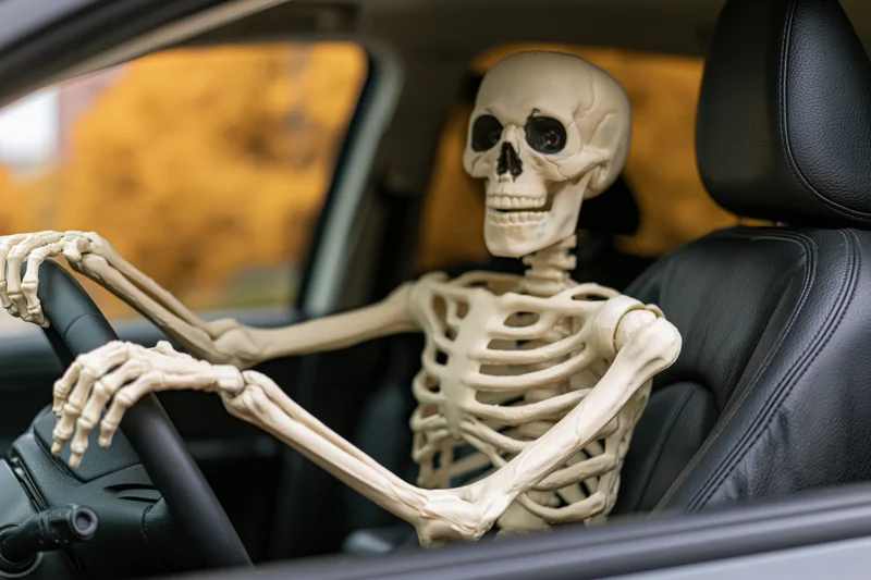 Plastic skeleton prop sitting in driver’s seat of car with autumn foliage visible through window