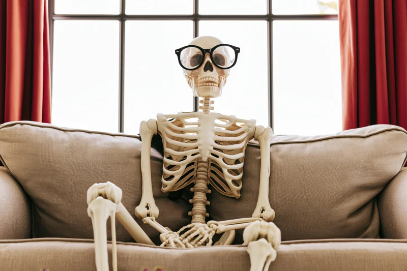 Plastic skeleton wearing black-rimmed glasses sitting on a beige couch in front of a window with red curtains