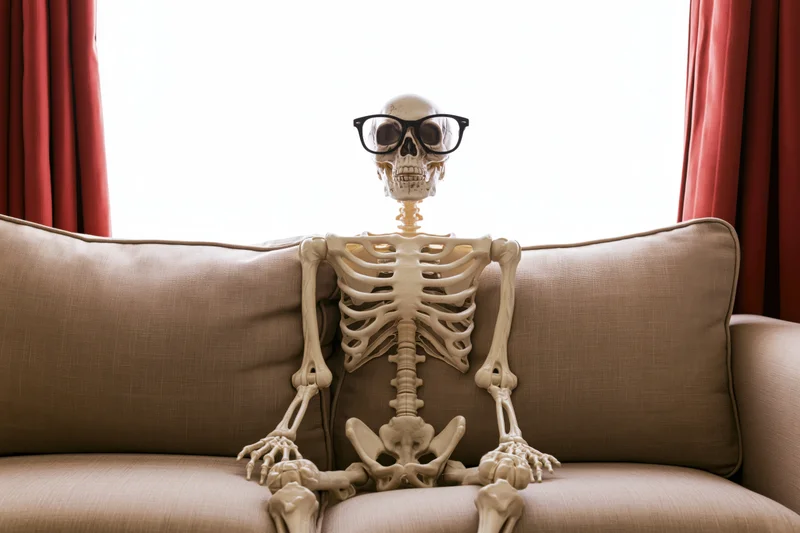 Plastic skeleton wearing black-rimmed glasses sitting on beige couch in front of window with red curtains