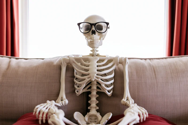 Plastic skeleton wearing black-rimmed glasses sitting on a beige couch in a living room with red curtains and daylight from a window