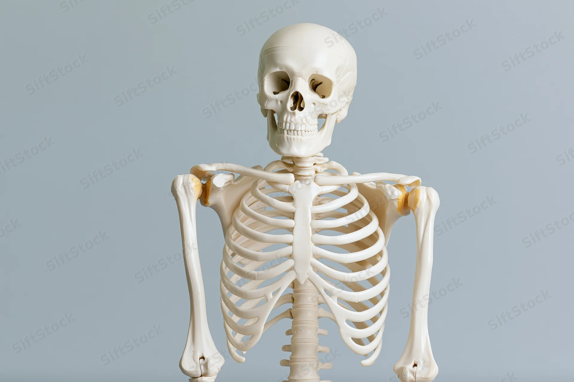 Plastic anatomical human skeleton model standing upright against gray background