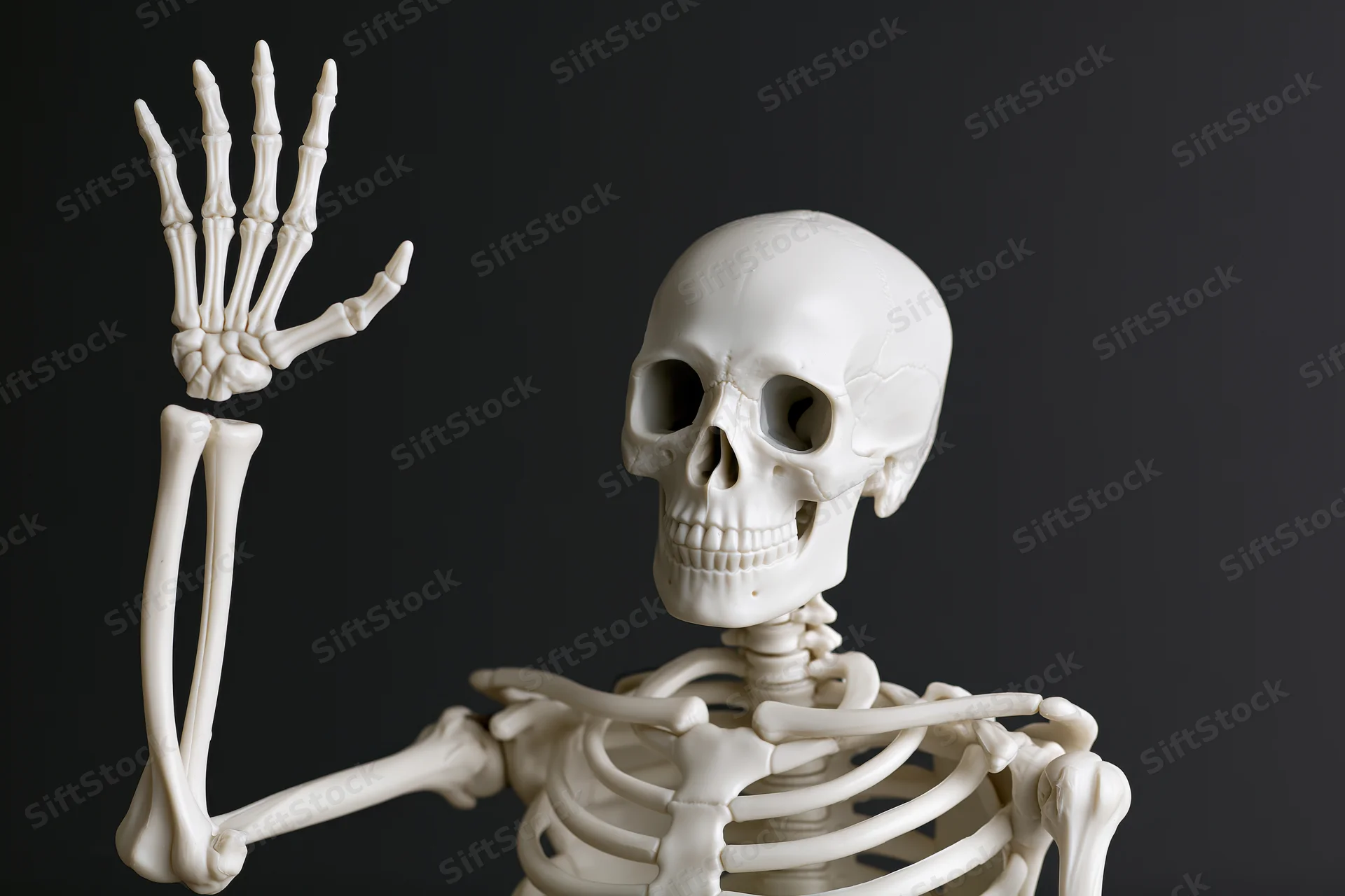 Plastic anatomical human skeleton model raising one hand against black background
