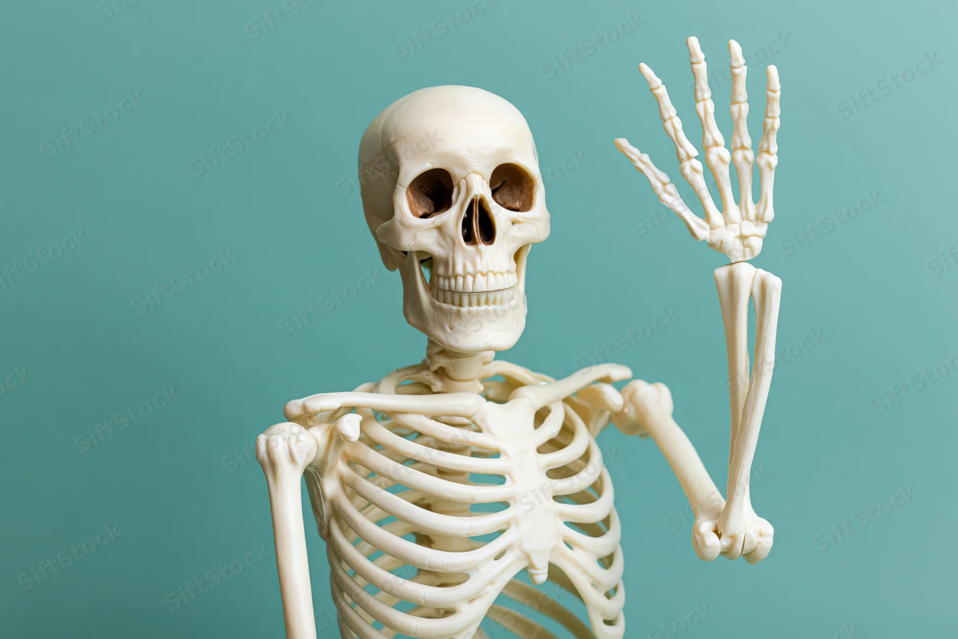 Plastic anatomical human skeleton model raising one hand against teal background