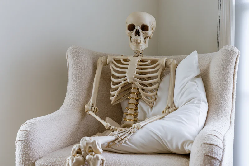 Anatomical skeleton model seated upright in a beige armchair with white cushion