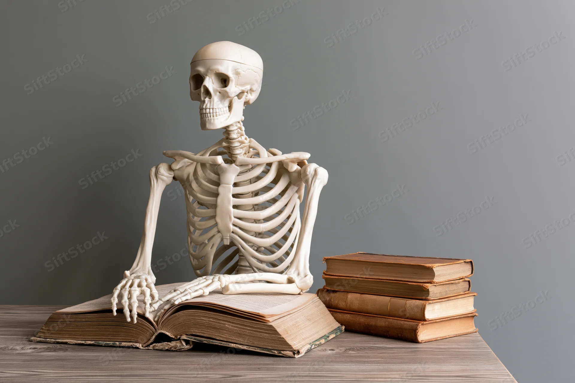Plastic anatomical skeleton model seated at wooden table reading open book with stack of vintage books beside it