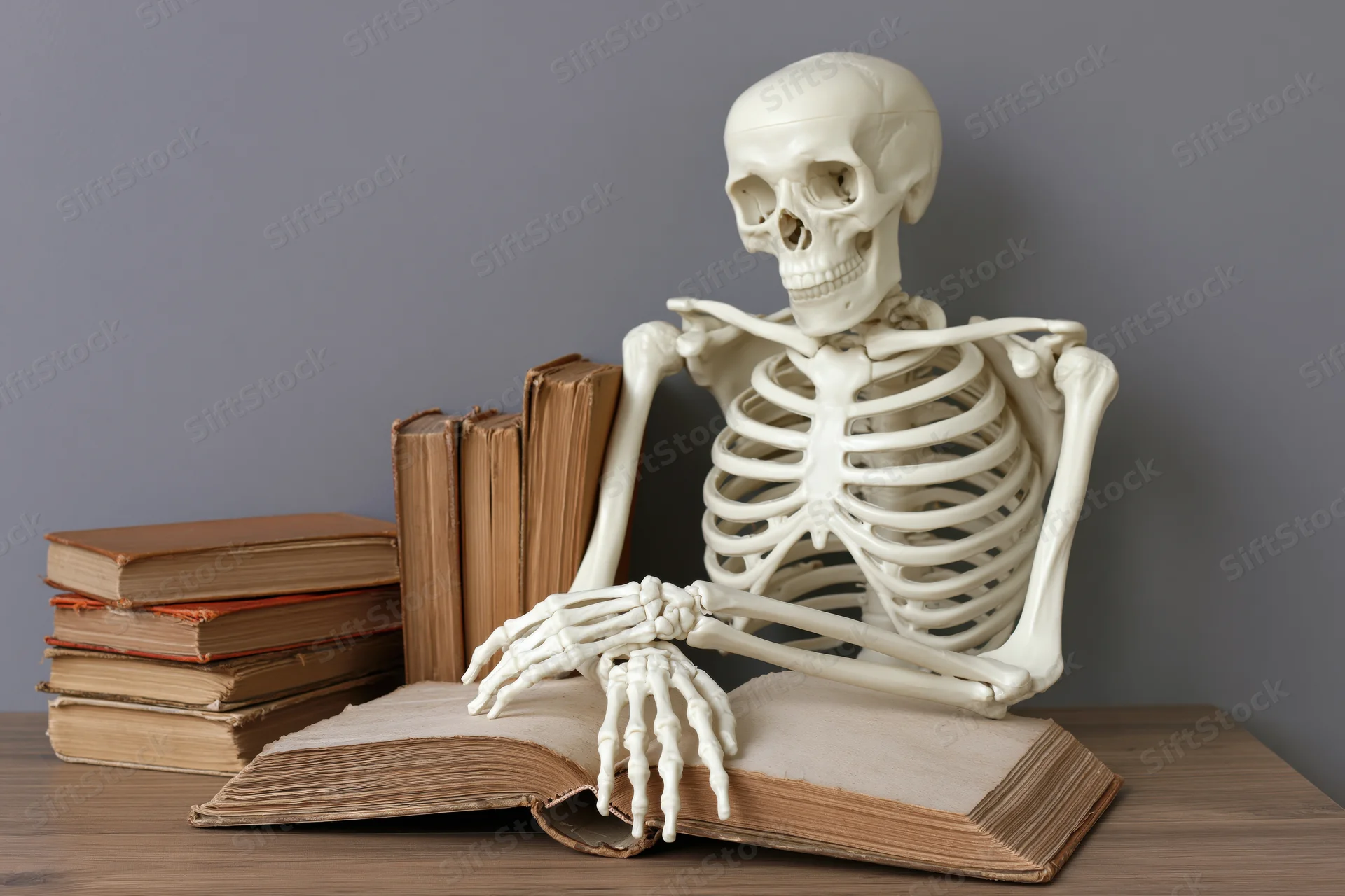 Plastic anatomical skeleton model reading an open vintage book on a wooden table with a stack of old books beside it