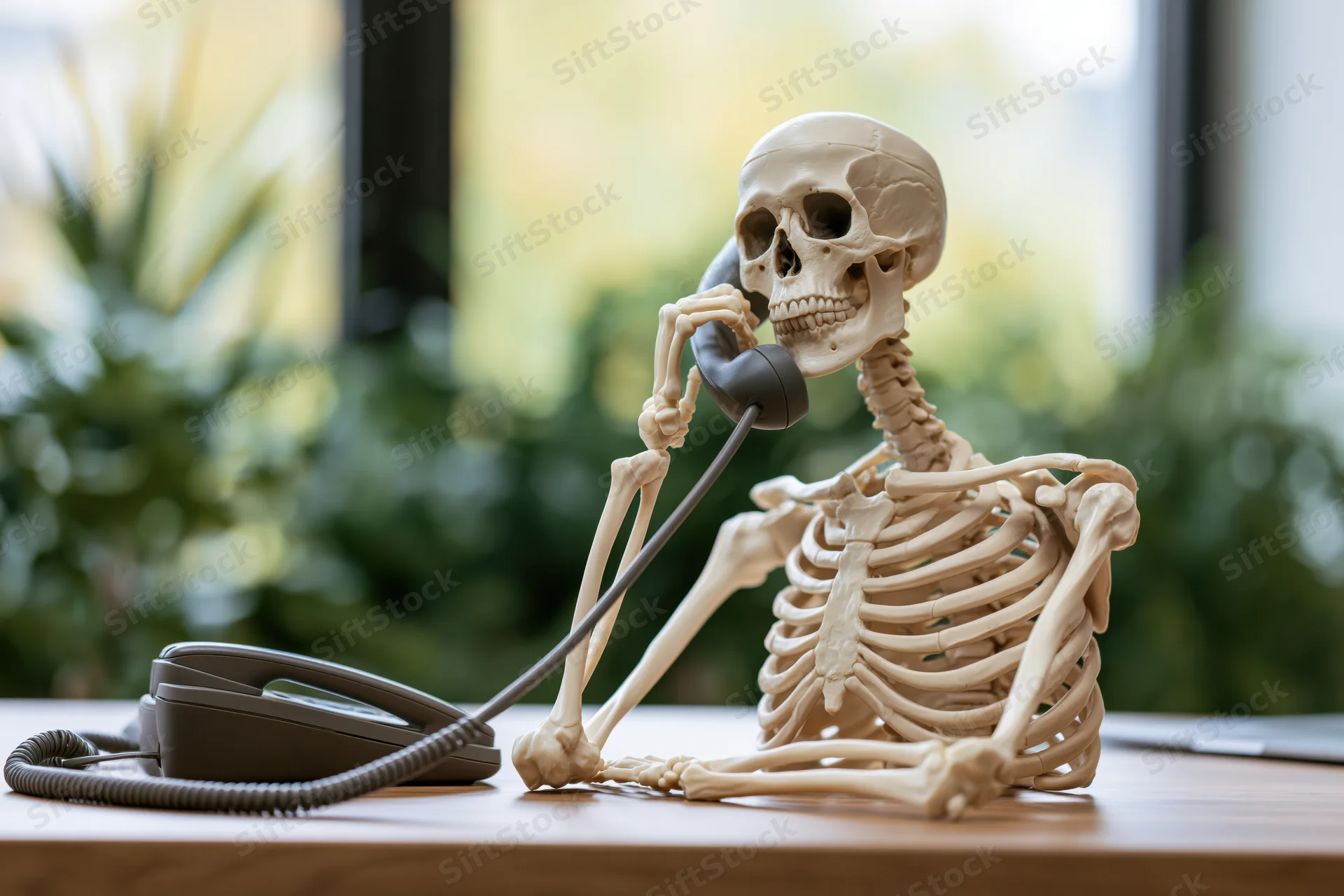 Plastic human skeleton model sitting at wooden desk holding telephone handset to skull in office setting
