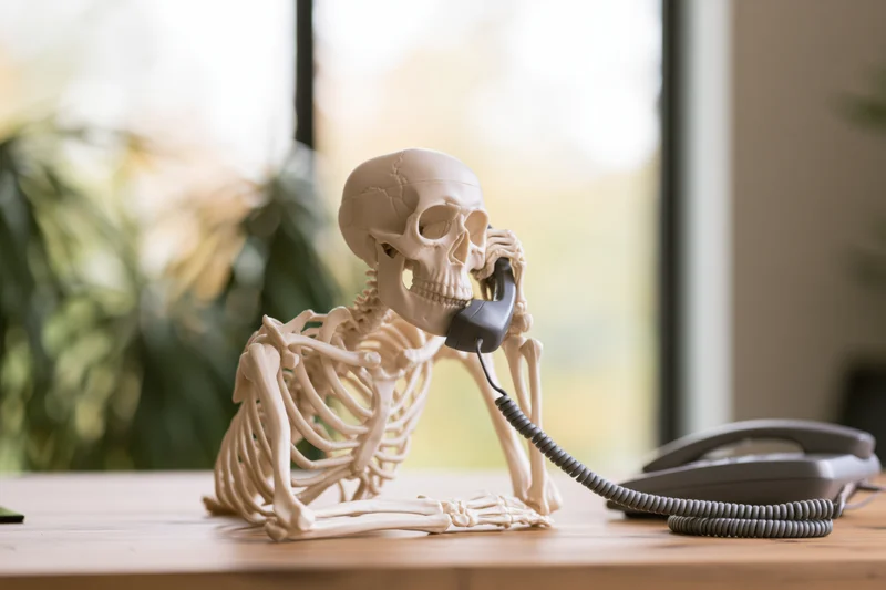 Plastic human skeleton model sitting at wooden desk holding telephone receiver to skull in office setting
