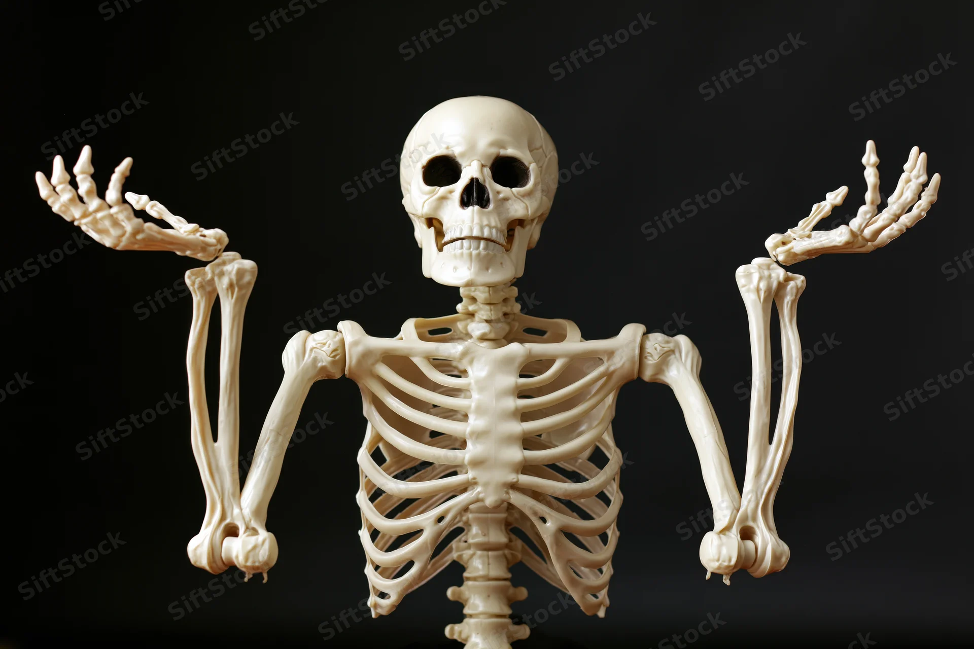 Plastic human skeleton model with arms raised against black background