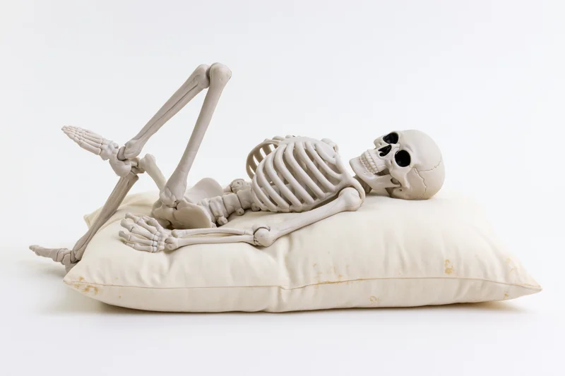 Plastic human skeleton model reclining on side on a white pillow against plain background