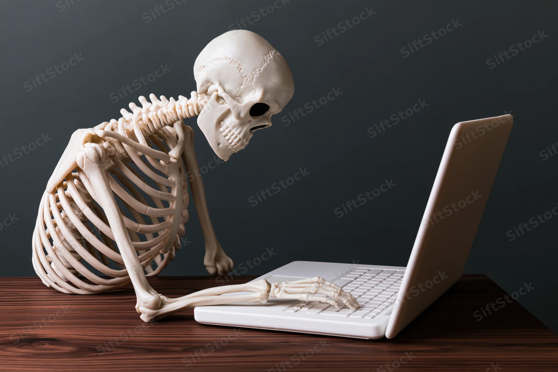 Plastic human skeleton model typing on laptop at wooden desk