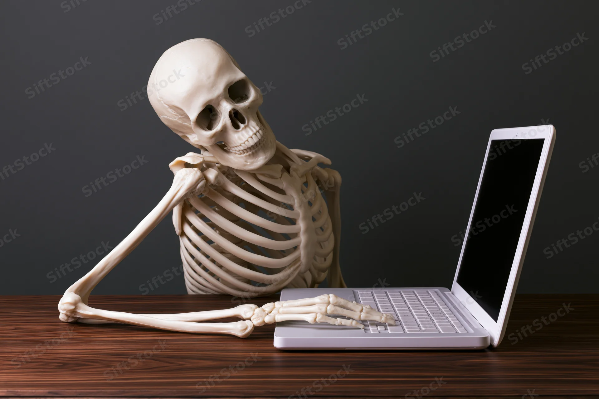 Plastic human skeleton model sitting at wooden desk using laptop computer