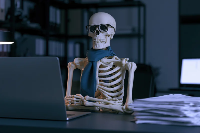 Skeleton wearing glasses and a blue tie sits at a desk with a laptop and stack of papers in a dimly lit office