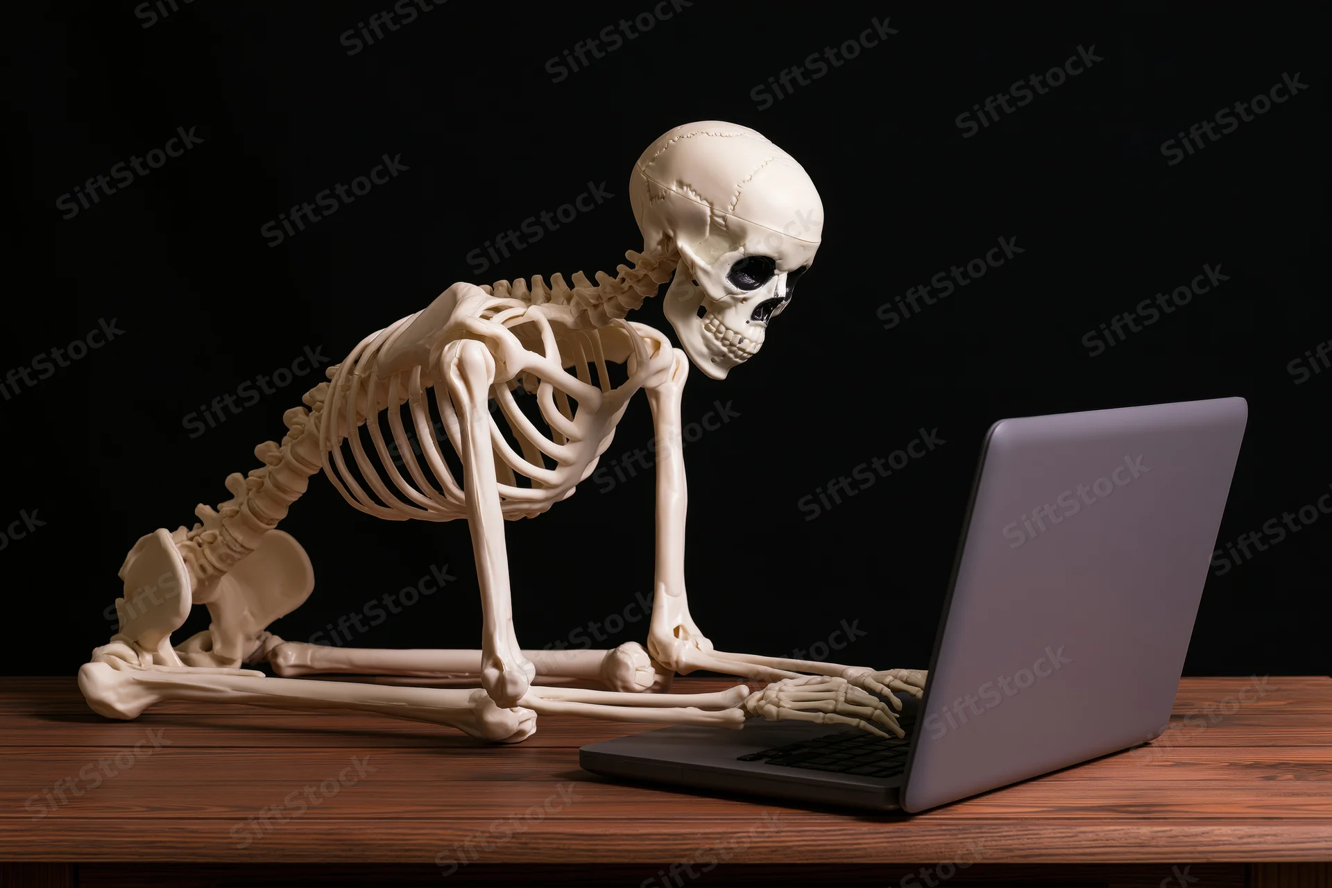 Plastic human skeleton hunched over open laptop on wooden desk against black background