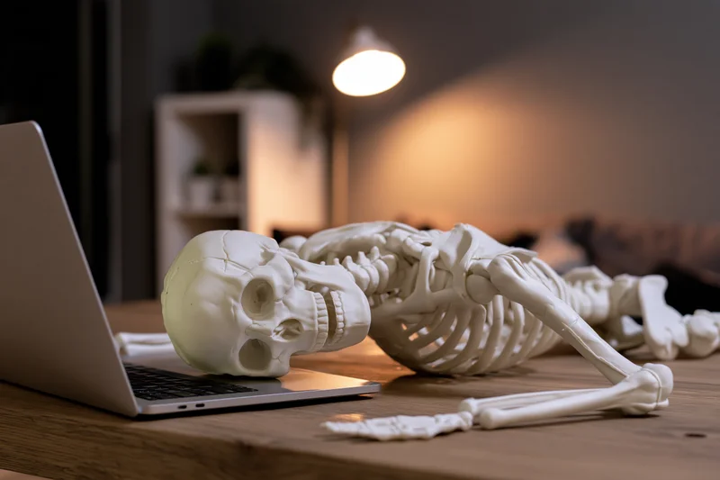 Plastic human skeleton slumped face-down on laptop at wooden desk in dimly lit office