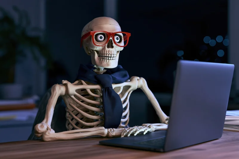 Skeleton wearing red glasses and tie working on laptop at desk at night